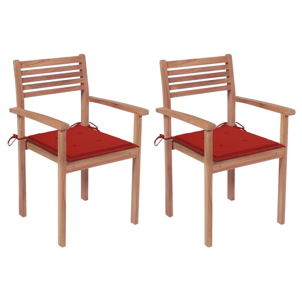 Vidaxl Záhradné stoličky 2 ks červené podložky teakový masív